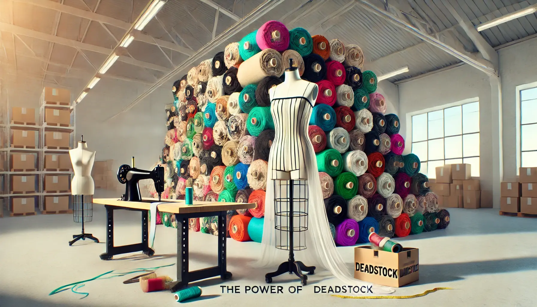 A fashion concept image showcasing the idea of deadstock in sustainability. The image features a pile of unused, colorful fabric rolls stacked